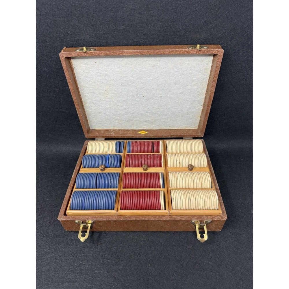 Vintage Lowe Poker Chip Set 305 Chips Red White Blue In Original Case USA